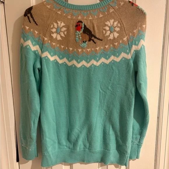 Talbots Teal Lambswool Knit Fair Isle Snow Bird Sweater Size M - Picture 3 of 5